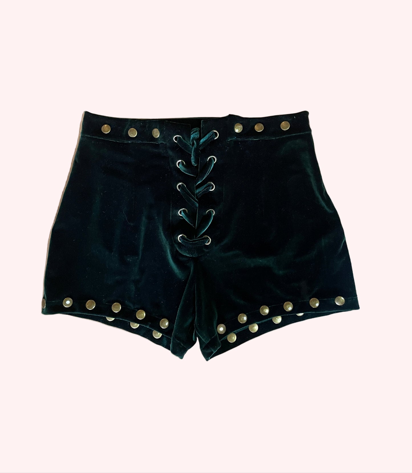 bottle green velvet shorts with gold studs