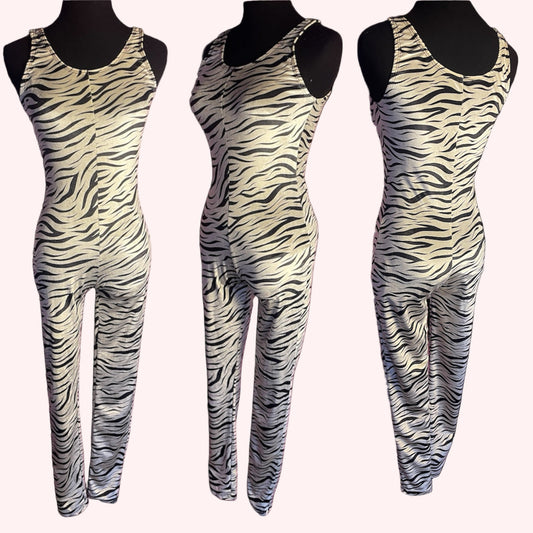 Tiger print black and white jumpsuit, body hugging stretch shiny velvet 