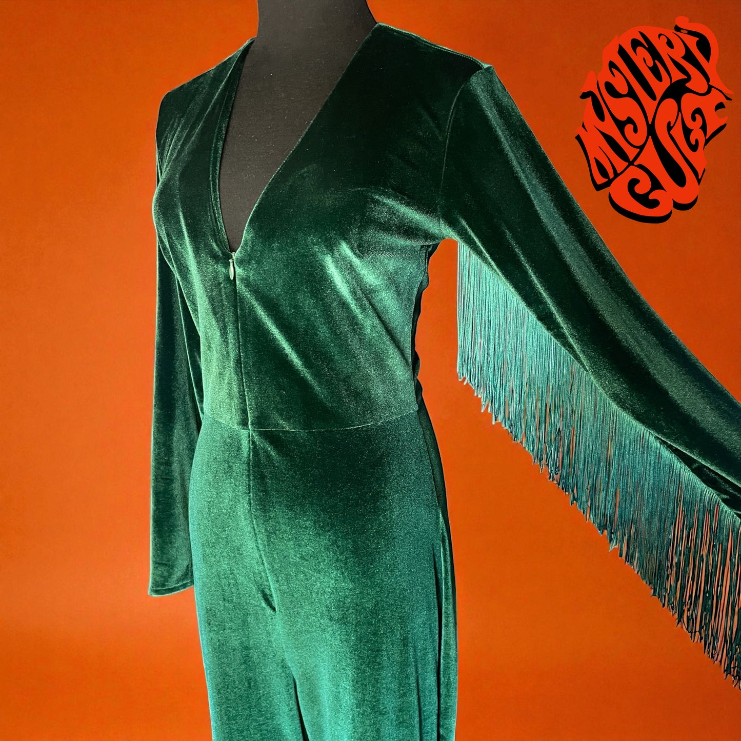 70s inspired  Velvet Jumpsuit with Fringe Sleeves