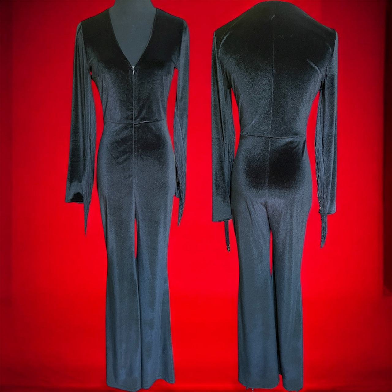 70s inspired  Velvet Jumpsuit with Fringe Sleeves