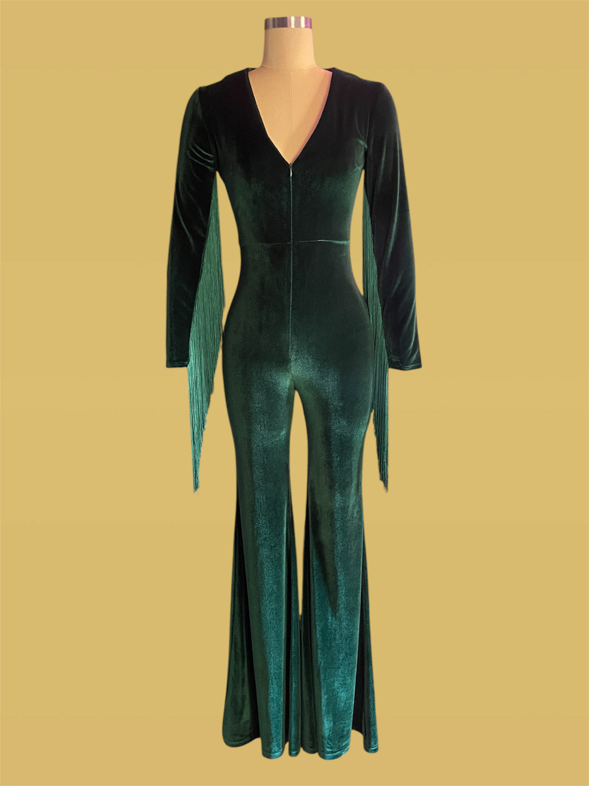70s inspired  Velvet Jumpsuit with Fringe Sleeves
