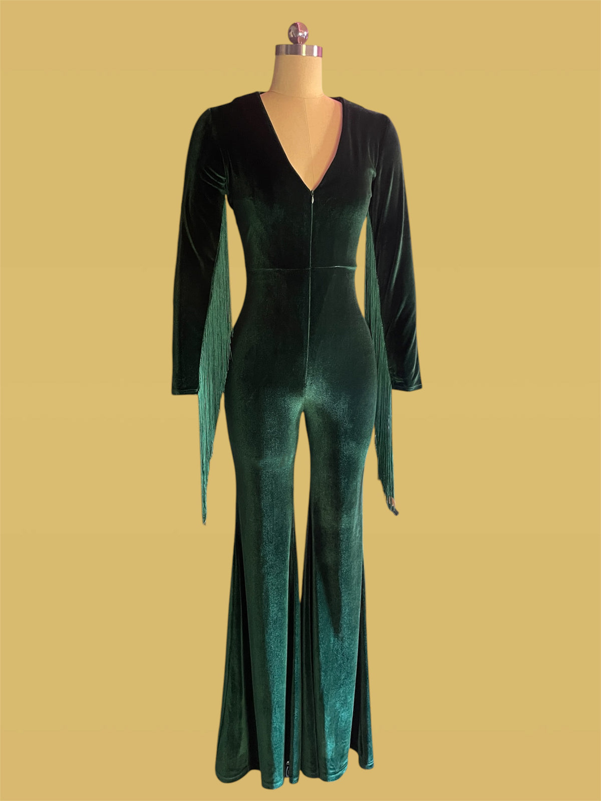 70s inspired  Velvet Jumpsuit with Fringe Sleeves