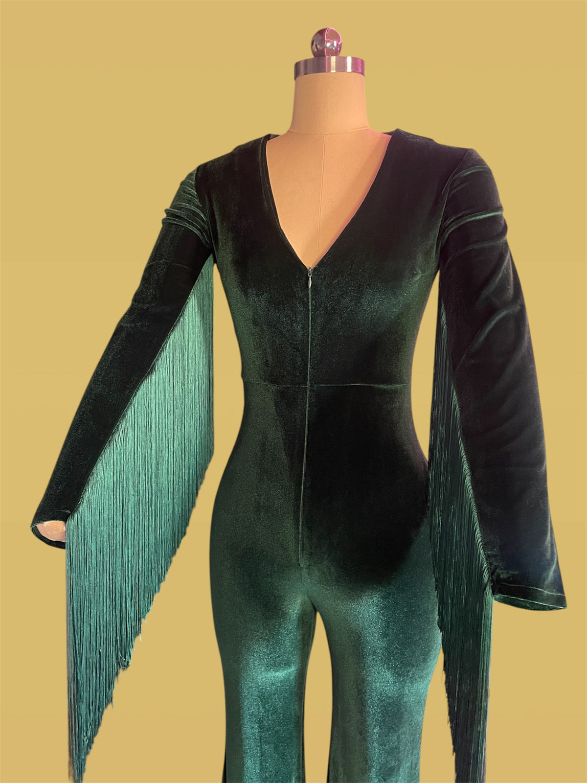 70s inspired  Velvet Jumpsuit with Fringe Sleeves