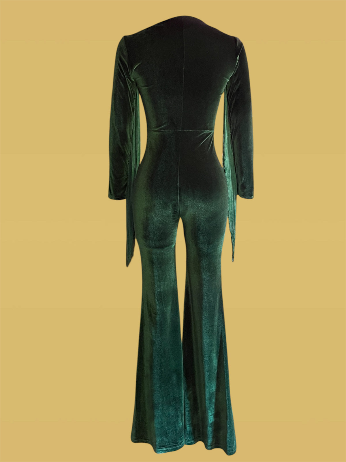 70s inspired  Velvet Jumpsuit with Fringe Sleeves