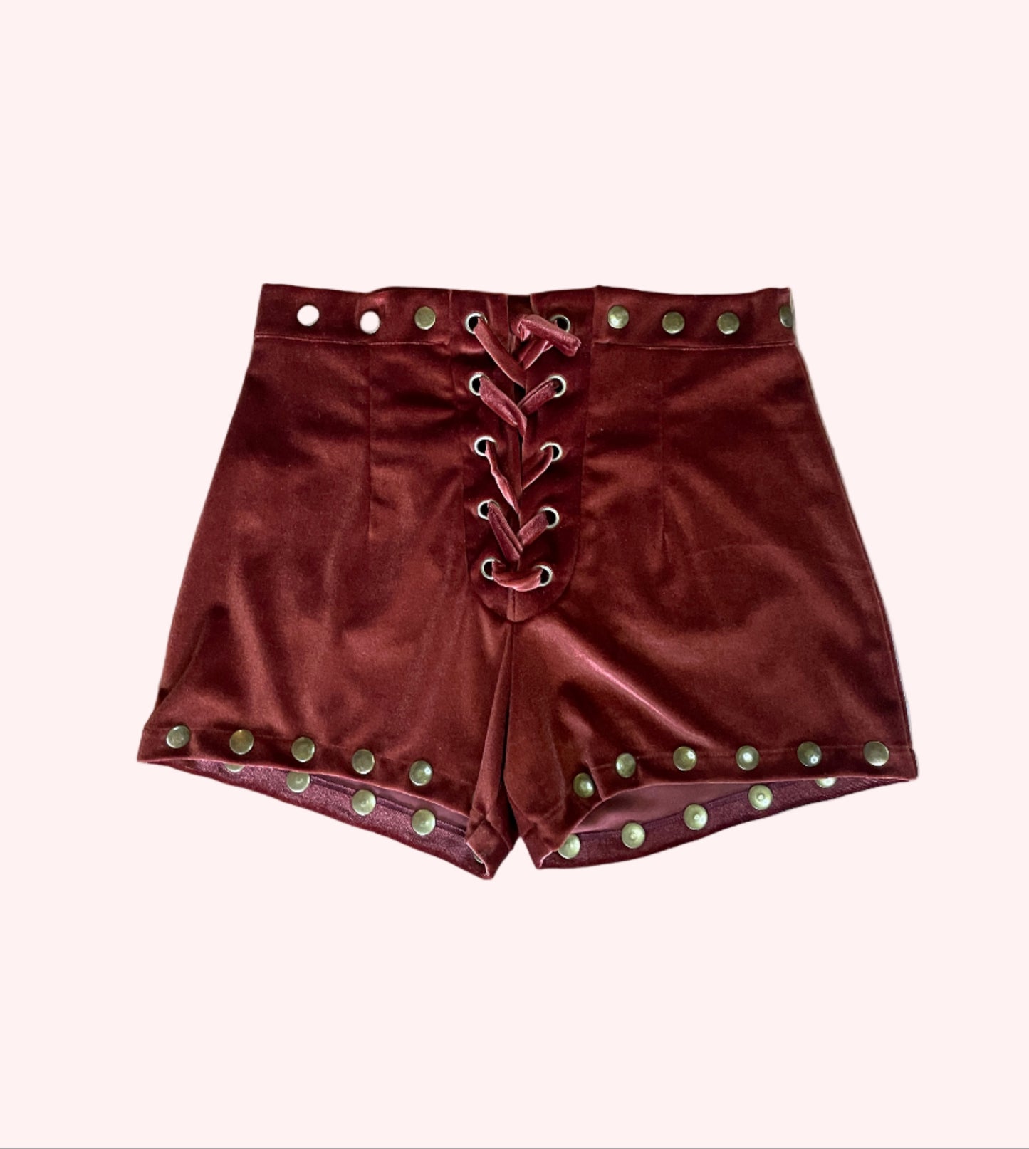 Rust velvet shorts with studs and lace up closure front side