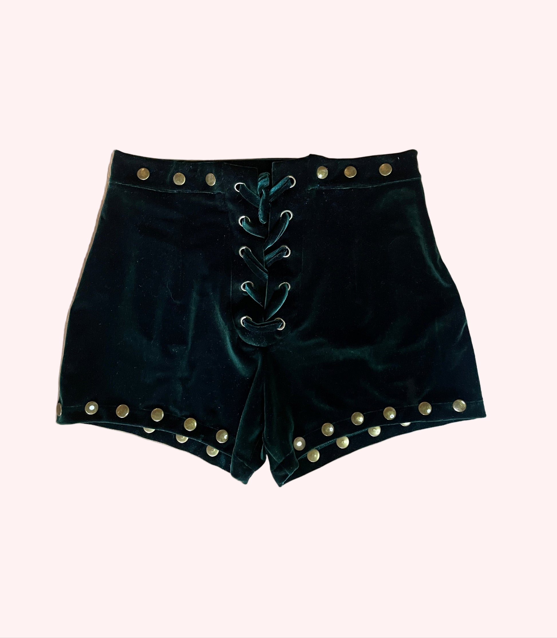 bottle green velvet shorts with gold studs 