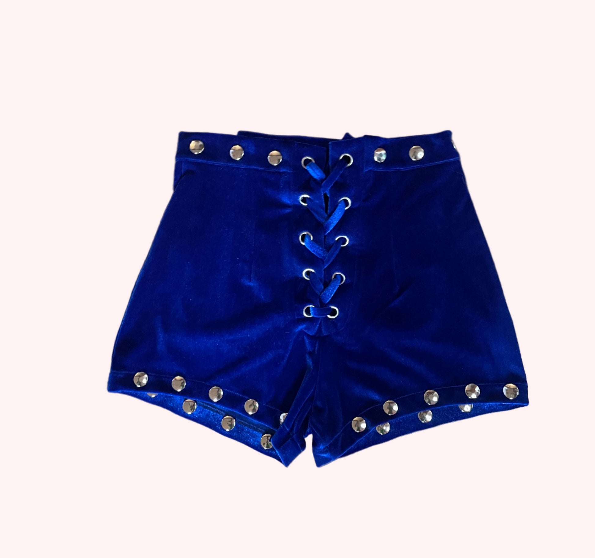 Blue velvet shorts with silver studs and lace up front 