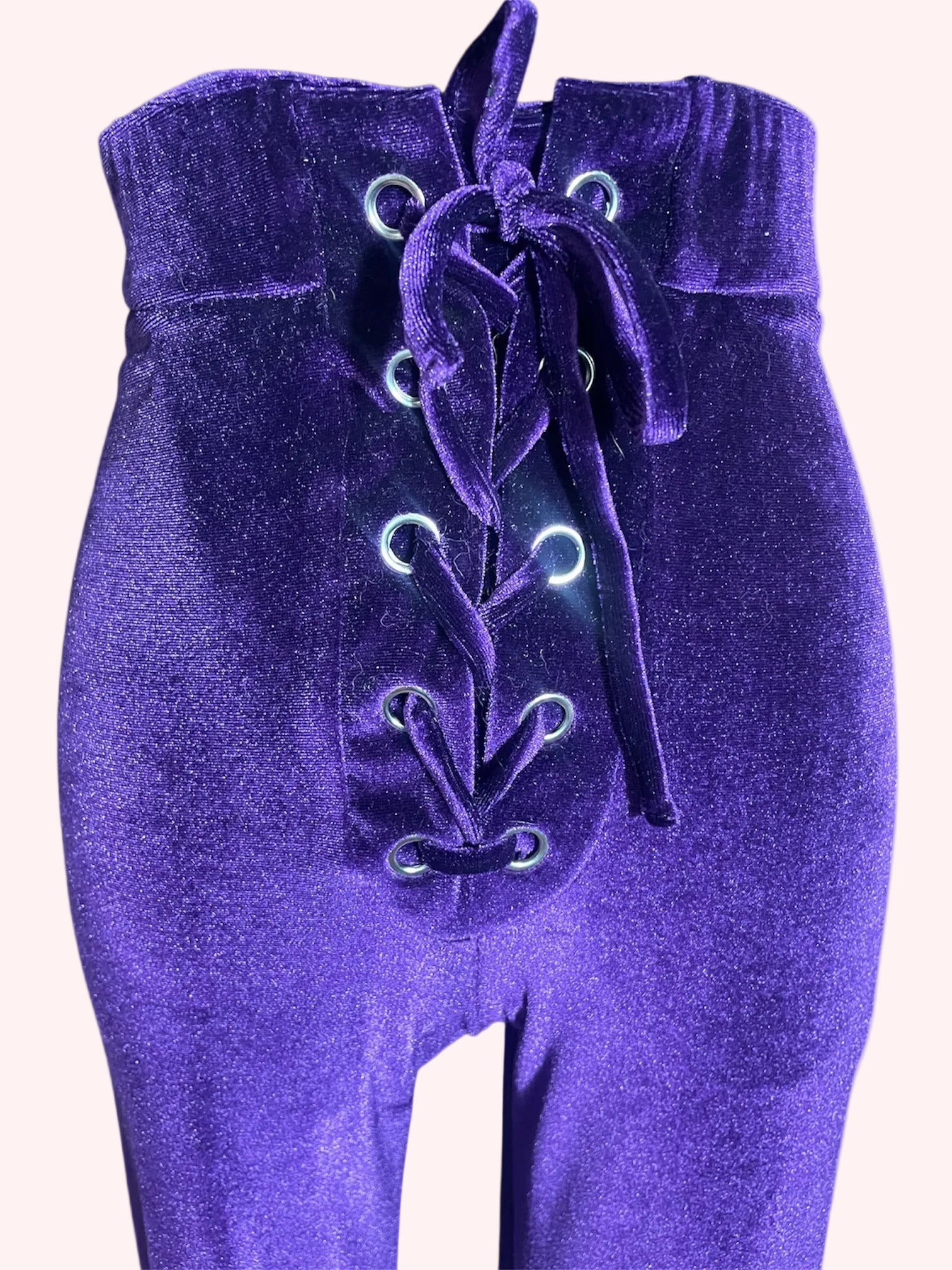 Purple velvet pants with lace-up front 